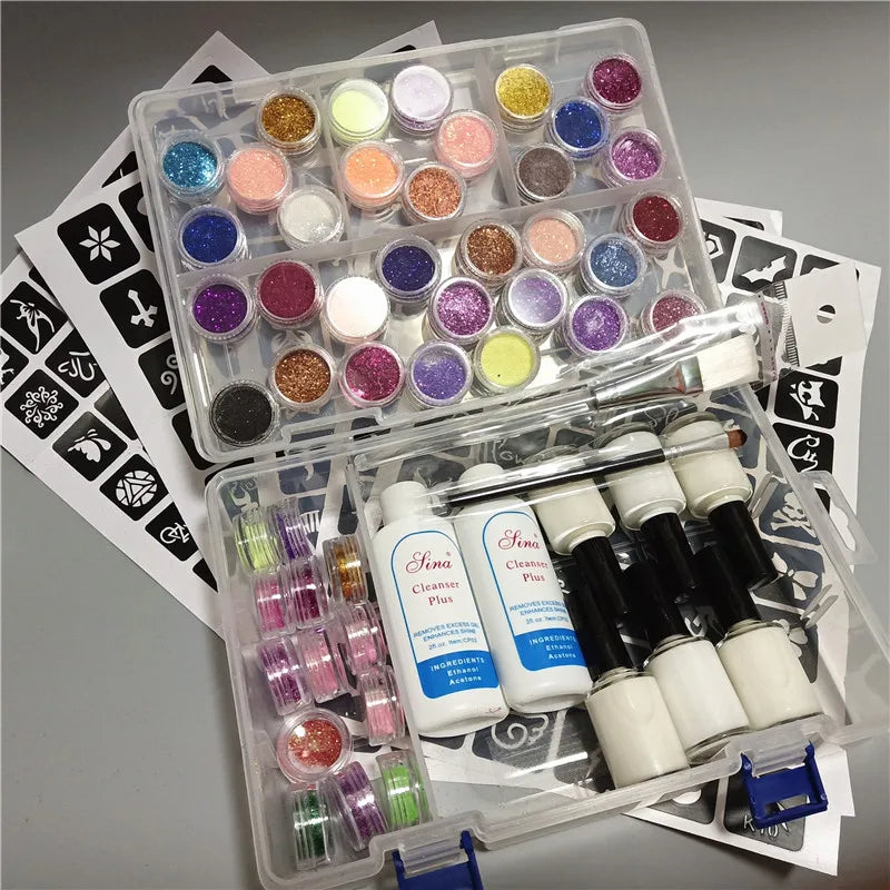 Halloween Glitter Tattoo Kit – Stencils, Glue, Brush & Body Art Makeup Glitter for Kids, Body Painting Powder