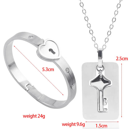 Couple Jewelry Set – Stainless Steel Love Heart Lock Bracelets & Key Pendant Necklace for Men & Women Gift