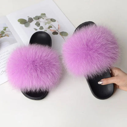 Women’s Summer Fluffy Fur Slippers — Real Fox Fur Non-Slip Flat Slides & Sandals, Large Size