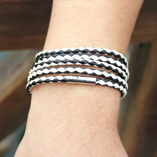 XQNI Black Retro Leather Bracelet for Men - 5 Lap Chain Link Bangle, Fashion Sporty Charm Bracelet