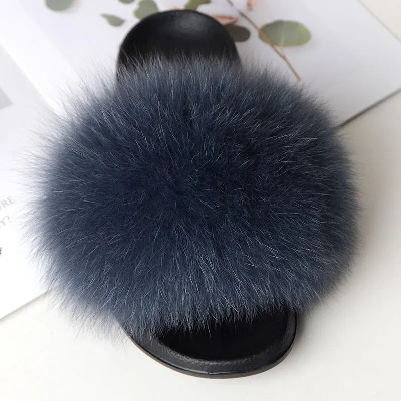 Women’s Summer Fluffy Fur Slippers — Real Fox Fur Non-Slip Flat Slides & Sandals, Large Size