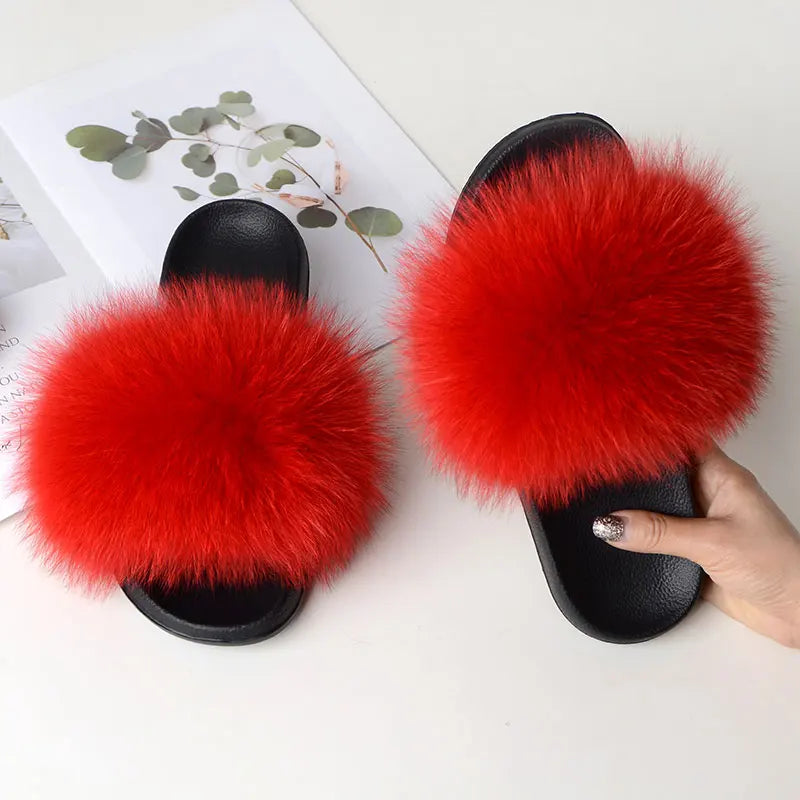 Women’s Summer Fluffy Fur Slippers — Real Fox Fur Non-Slip Flat Slides & Sandals, Large Size