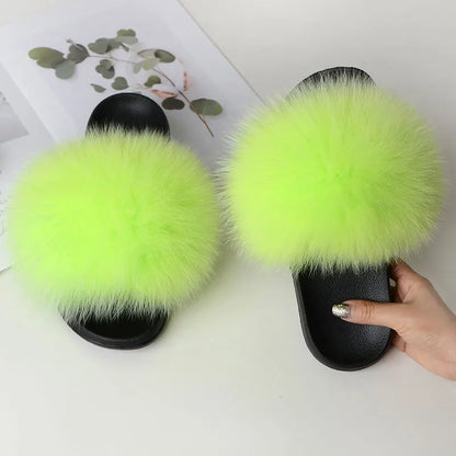 Women’s Summer Fluffy Fur Slippers — Real Fox Fur Non-Slip Flat Slides & Sandals, Large Size