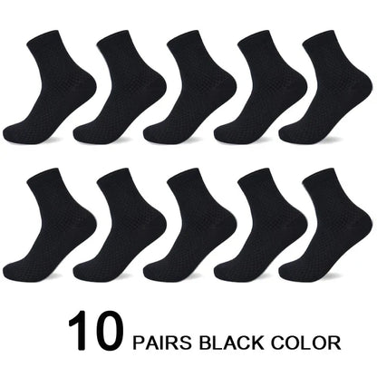 10 Pairs Men’s Bamboo Fiber Compression Socks – Long Black Business Casual Dress Socks, Breathable Autumn Wear, Plus Size 42–45 Gift Pack