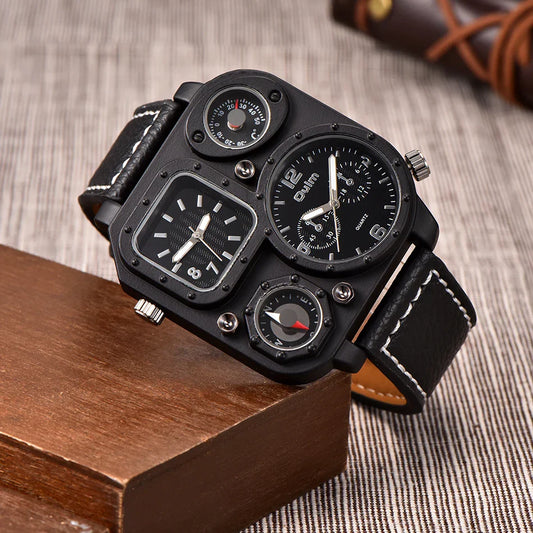 Oulm 1169 Black Sport Men’s Watch — Square Dial Quartz Wristwatch with Decorative Compass, Casual Male Timepiece