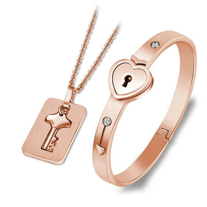 Couple Jewelry Set – Stainless Steel Love Heart Lock Bracelets & Key Pendant Necklace for Men & Women Gift