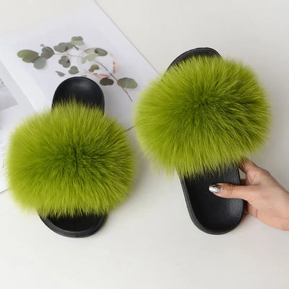 Women’s Summer Fluffy Fur Slippers — Real Fox Fur Non-Slip Flat Slides & Sandals, Large Size