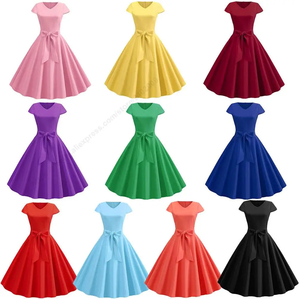 Women Vintage Summer Dress - V Neck Short Sleeve Swing Party Dress With Belt