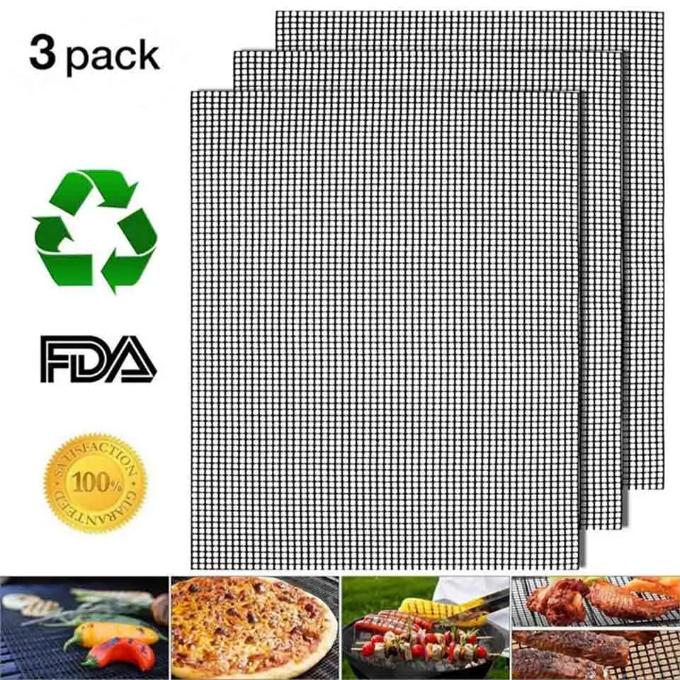 3-Pack Non-Stick Perforated BBQ Grill Mesh Mats — Reusable Heat-Resistant Oven & Baking Sheets for Outdoor Grilling