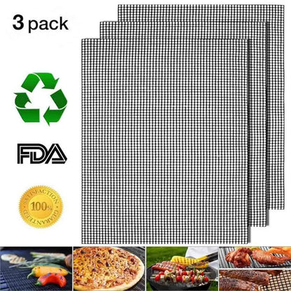 3-Pack Non-Stick Perforated BBQ Grill Mesh Mats — Reusable Heat-Resistant Oven & Baking Sheets for Outdoor Grilling