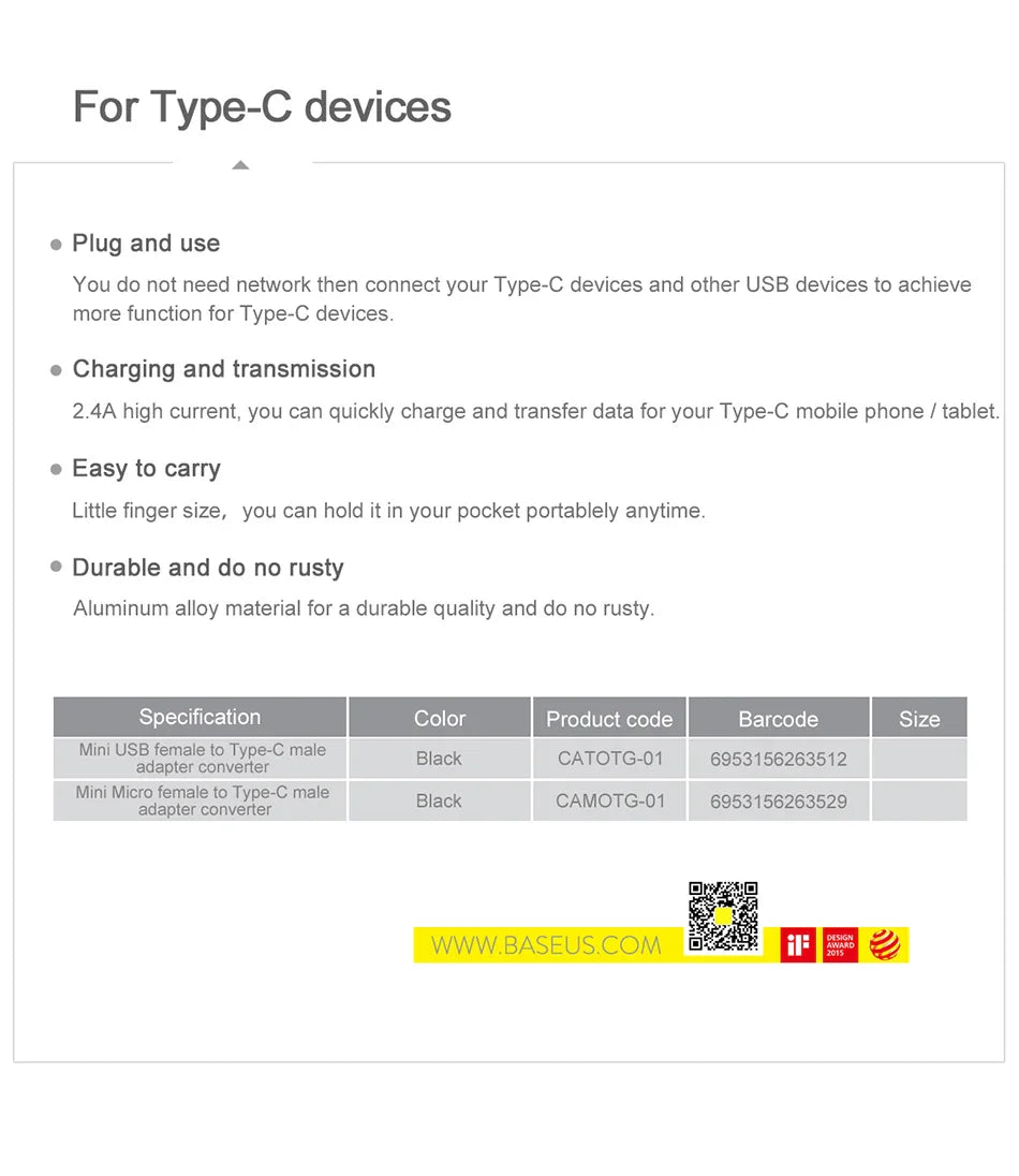 Baseus USB to Type-C OTG Adapter – USB-C Male to Micro USB Female Converter for MacBook, Samsung S20, USBC OTG Connector