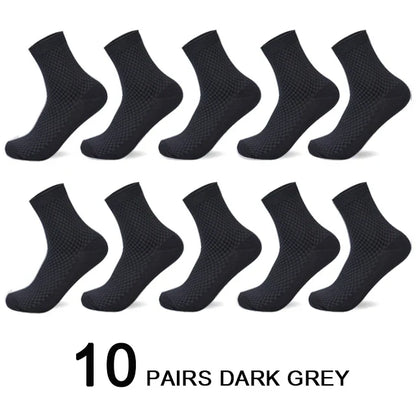 10 Pairs Men’s Bamboo Fiber Compression Socks – Long Black Business Casual Dress Socks, Breathable Autumn Wear, Plus Size 42–45 Gift Pack