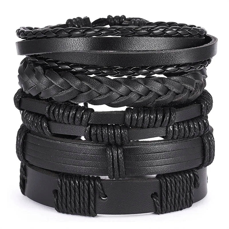 Men's Vintage Multilayer Leather Braid Bracelet - Handmade Star, Leaf & Owl Rope Wrap Bangle, Male Gift Jewelry