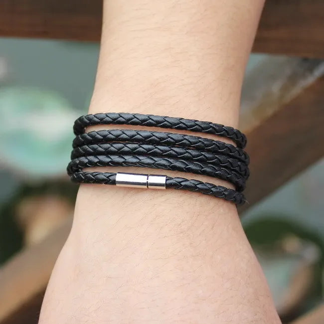 XQNI Black Retro Leather Bracelet for Men - 5 Lap Chain Link Bangle, Fashion Sporty Charm Bracelet