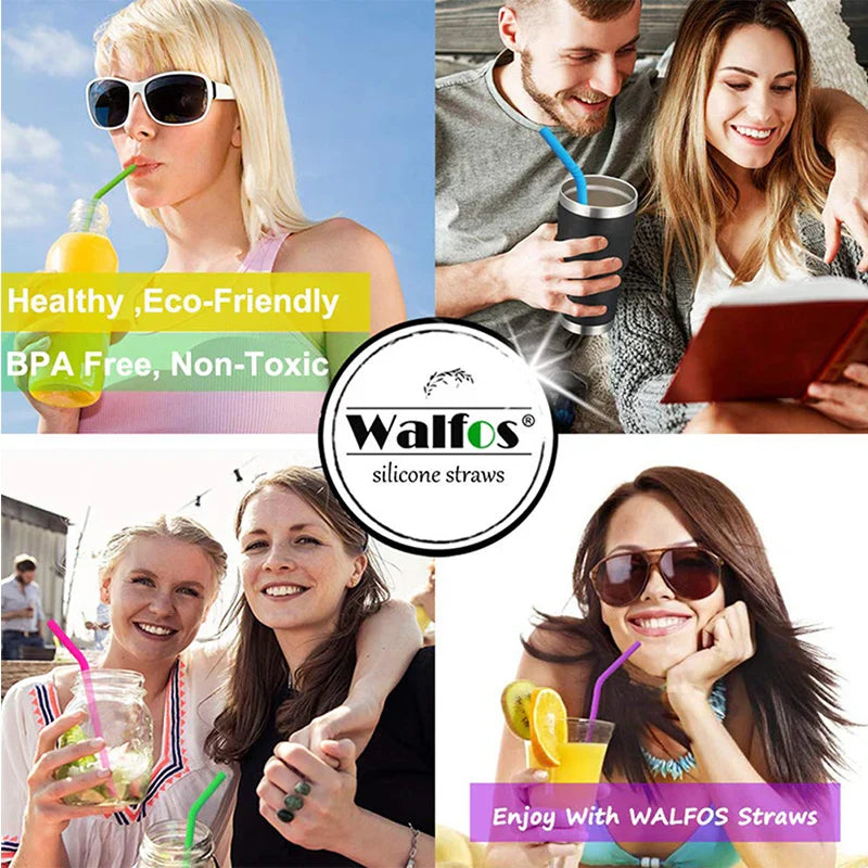 WALFOS 5-Piece Reusable Silicone Straws Set - Extra Long, Flexible Straws for Bar Accessories