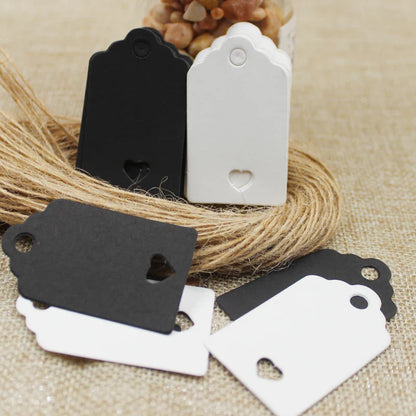 100pcs Black & Kraft Paper Gift Tags – 5×3cm Rectangular Heart Hollow Labels with 100 Hemp Strings for Hand Drawn or DIY Gift Tags