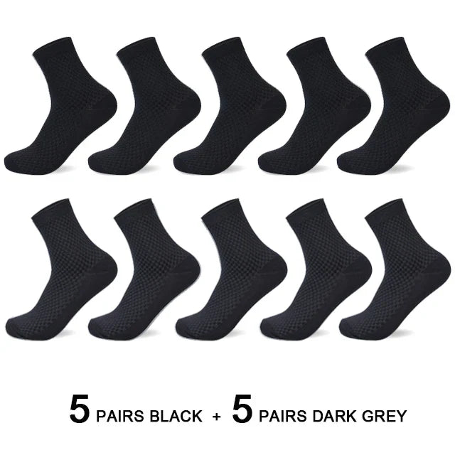10 Pairs Men’s Bamboo Fiber Compression Socks – Long Black Business Casual Dress Socks, Breathable Autumn Wear, Plus Size 42–45 Gift Pack