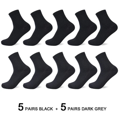10 Pairs Men’s Bamboo Fiber Compression Socks – Long Black Business Casual Dress Socks, Breathable Autumn Wear, Plus Size 42–45 Gift Pack