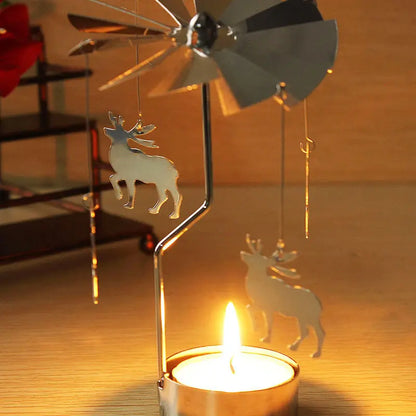 Silver Christmas Rotating Tea Light Candle Holder Carousel – Spinning Holiday Centerpiece Decor