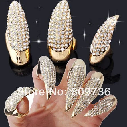 5PCS Crystal Nail Rings | Punk False Nail Jewelry with Rhinestones Claw/Talon Design, Unisex Wholesale Finger Rings