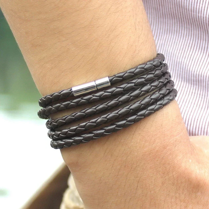 XQNI Black Retro Leather Bracelet for Men - 5 Lap Chain Link Bangle, Fashion Sporty Charm Bracelet