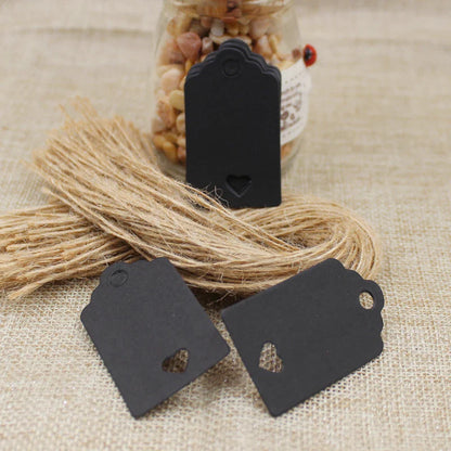 100pcs Black & Kraft Paper Gift Tags – 5×3cm Rectangular Heart Hollow Labels with 100 Hemp Strings for Hand Drawn or DIY Gift Tags