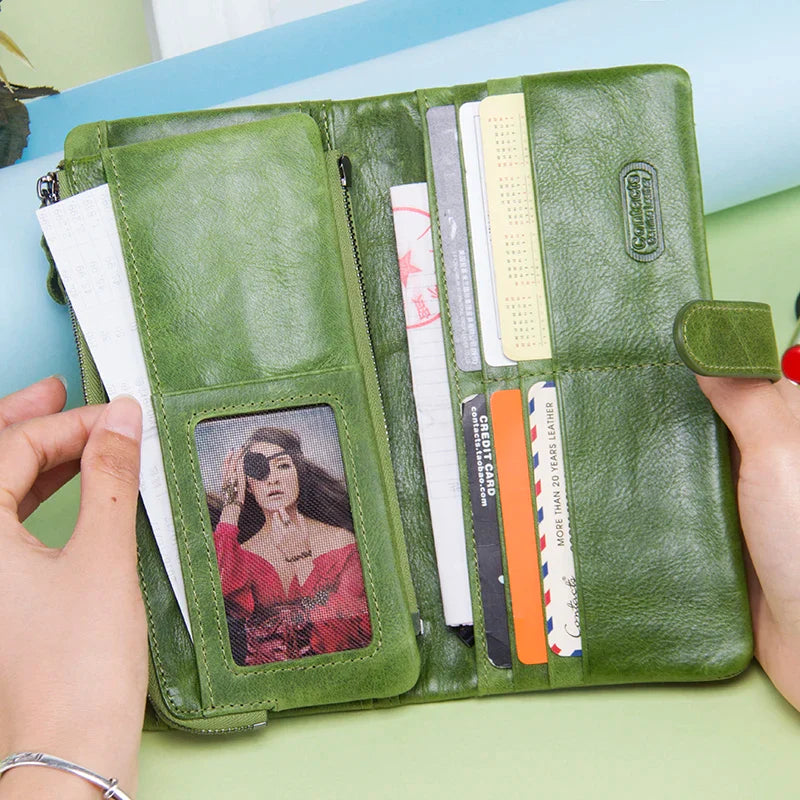 Women's Genuine Leather Long Wallet – Fashion Clutch with Coin Purse, Card Holder & Phone Pocket by Contact's