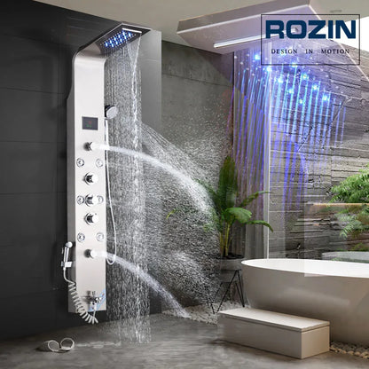 LED Waterfall Shower Panel System - Black In-Wall Rain Shower with Spa Massage Sprayer & Bidet Tap