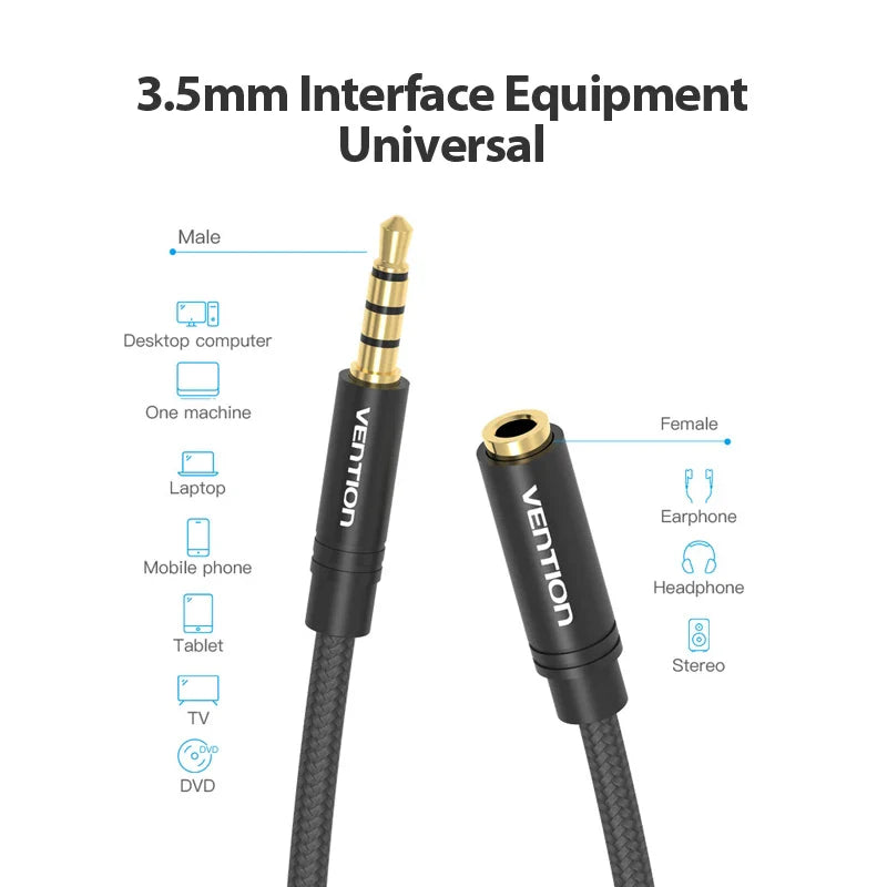 Vention 3.5mm AUX Extension Cable – Jack Audio Cord for Car, Laptop, TV, Xiaomi & Huawei | Stereo Headphone & Speaker Connector