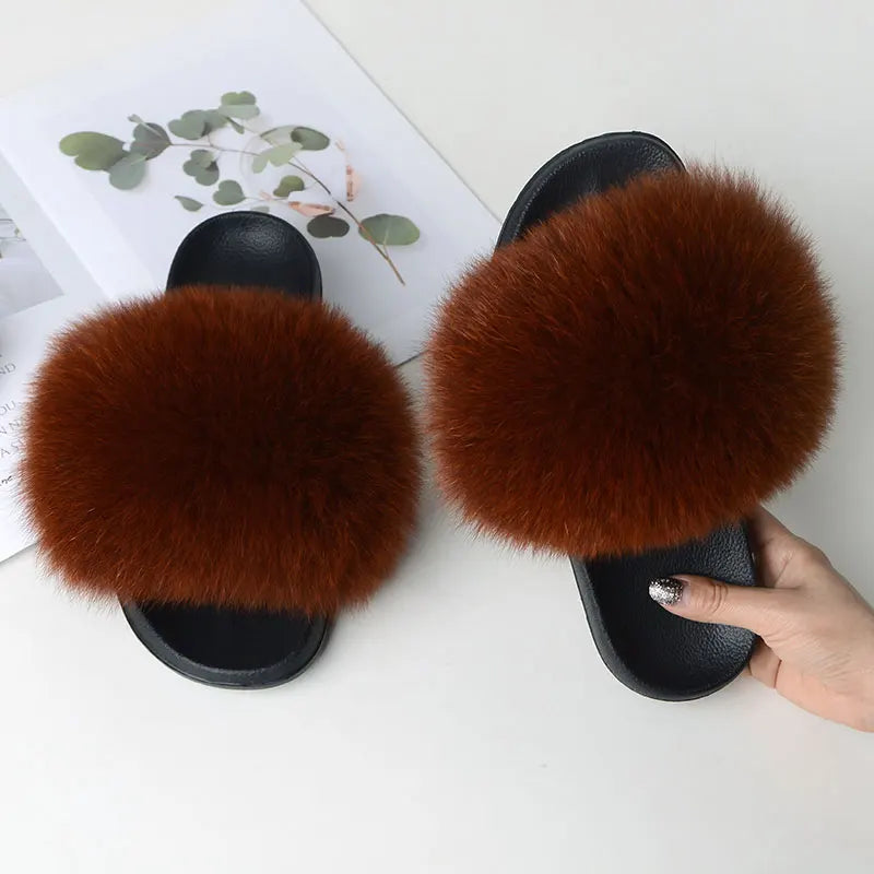 Women’s Summer Fluffy Fur Slippers — Real Fox Fur Non-Slip Flat Slides & Sandals, Large Size