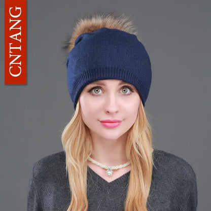 Autumn Winter Knitted Wool Hat for Women – Fashion Pompon Beanie with Genuine Raccoon Fur, Warm and Stylish Cap
