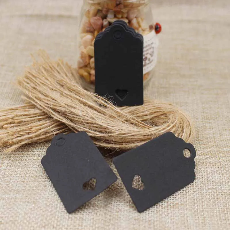 100pcs Black & Kraft Paper Gift Tags – 5×3cm Rectangular Heart Hollow Labels with 100 Hemp Strings for Hand Drawn or DIY Gift Tags