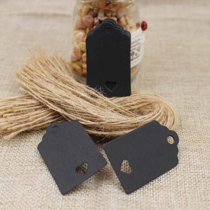 100pcs Black & Kraft Paper Gift Tags – 5×3cm Rectangular Heart Hollow Labels with 100 Hemp Strings for Hand Drawn or DIY Gift Tags