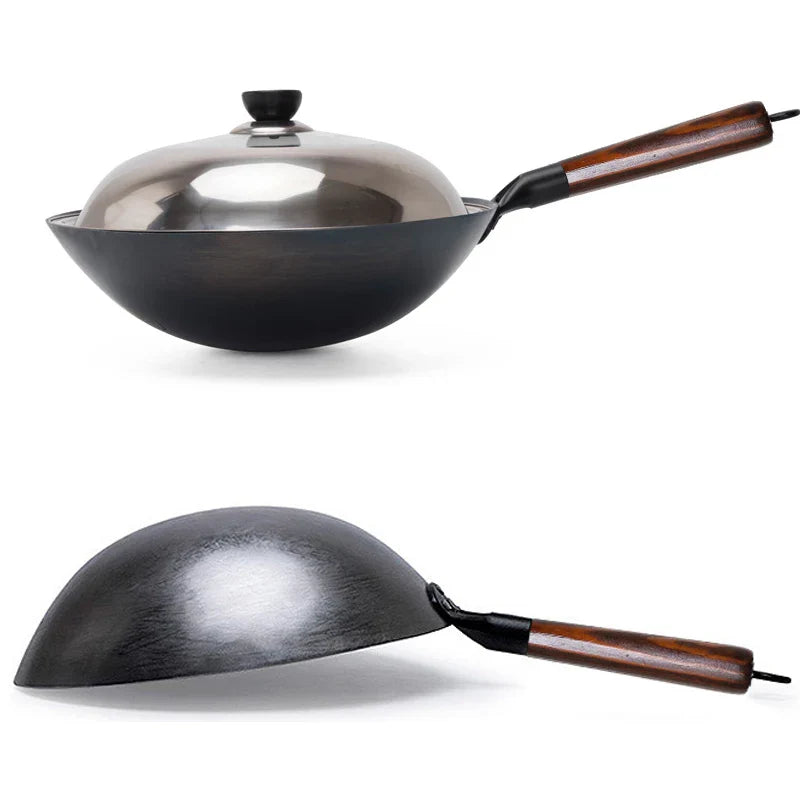 Hand Forged Household Iron Wok, Pure Iron Pan with Wooden Handle, Non-Coating, Non-Stick, for Gas Cooker