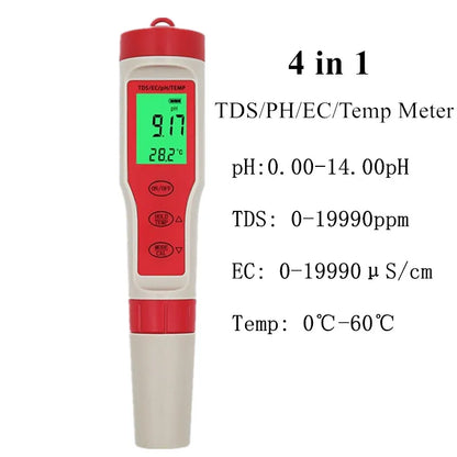 Waterproof PH Meter - PH/TDS/EC/Temp Digital Water Quality Monitor with Backlight for Pools, Drinking Water & Aquariums