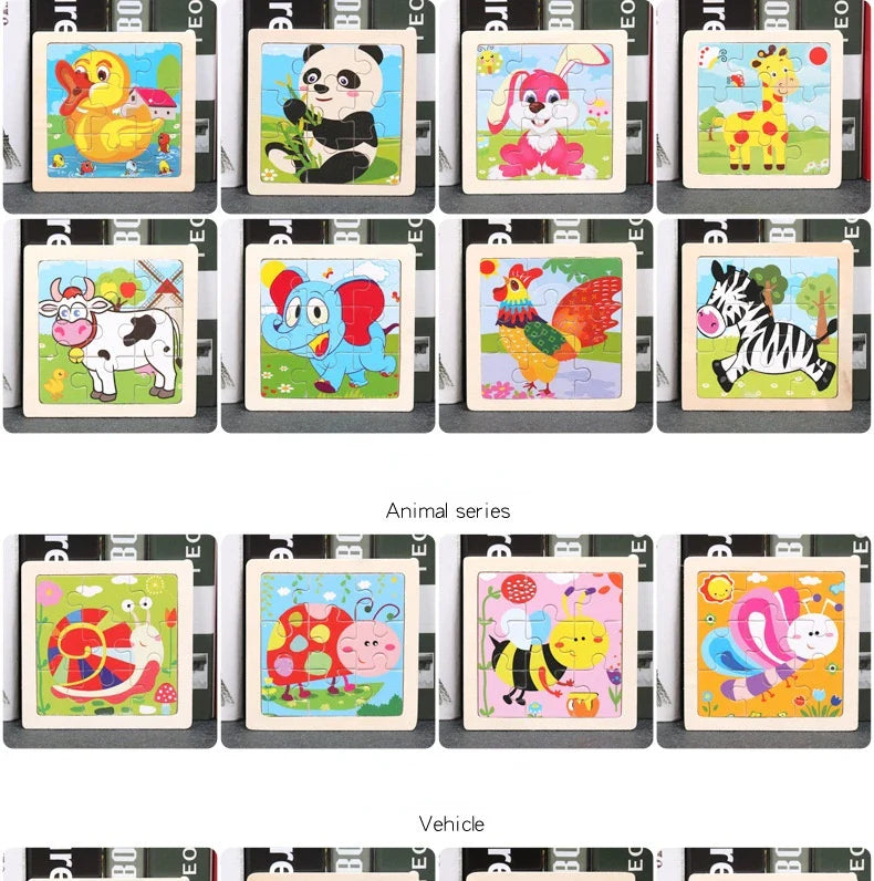 11cm Kids Wooden Jigsaw Puzzle – Cartoon Animal & Vehicle Montessori Educational Toys