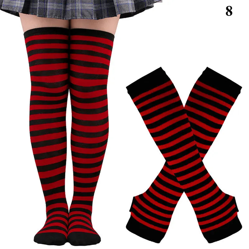 Women's Girls Over Knee Long Stripe Printed Thigh High Cotton Socks - Sweet Cute Plus Size Overknee Socks and Arm Sleeve Gloves