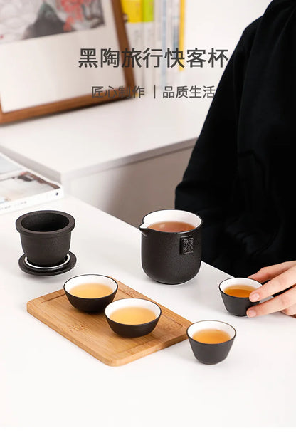 HMLOVE Ceramic Teapot Set – 1 Pot & 4 Cups Chinese Kung Fu Gaiwan with Strainers, 260ML Portable Travel Teaware Gift for Business