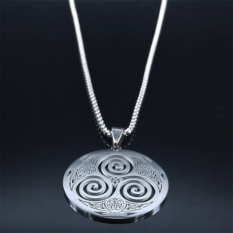 Stainless Steel Witchcraft Vortex Necklace – Viking Triskelion Celtic Knot Spiral, Silver Jewelry N7062S02