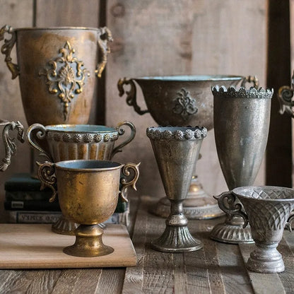 European Retro Iron Goblet Vase — Metal Flowerpot for Home, Living Room, Hotel & Flower Arrangement Decor