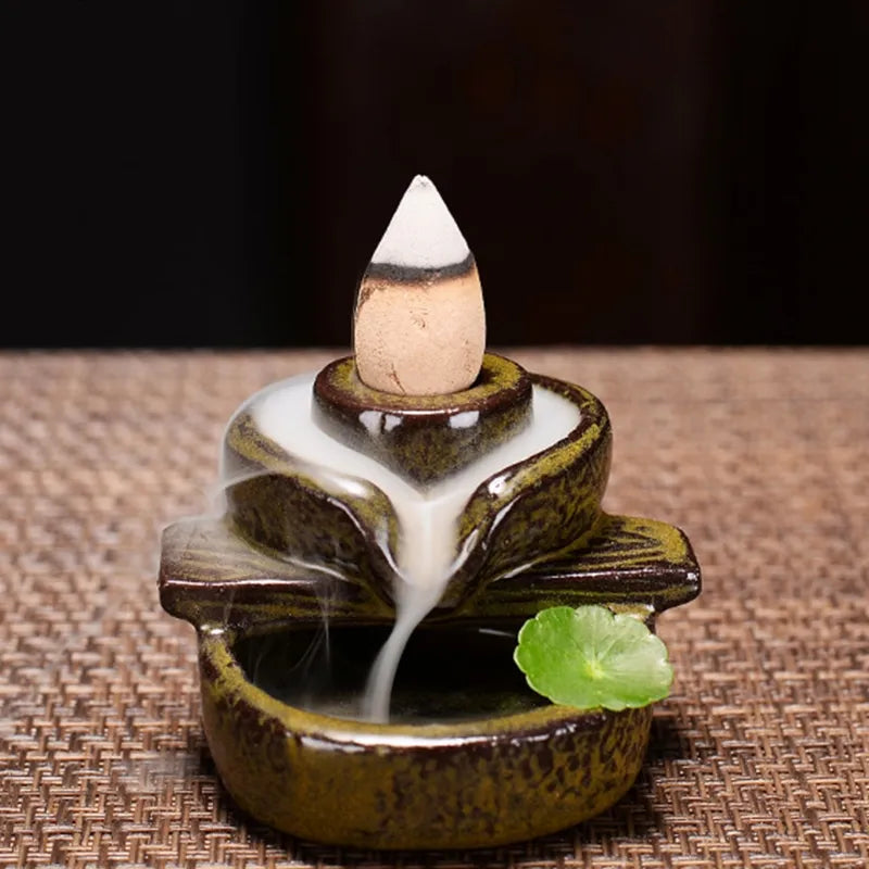 Ceramic Waterfall Incense Burner with Backflow Incense Cones - Home and Office Decor and Housewarming Gift