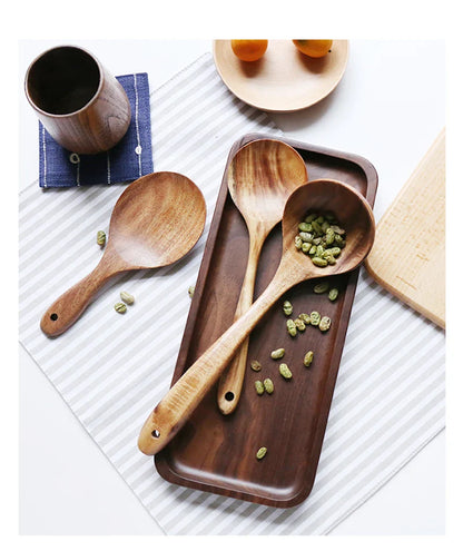 1-7pcs Teak Wood Tableware Set – Natural Wooden Spoons, Colander Spoon & Soup Skimmer Cooking Tool Kit