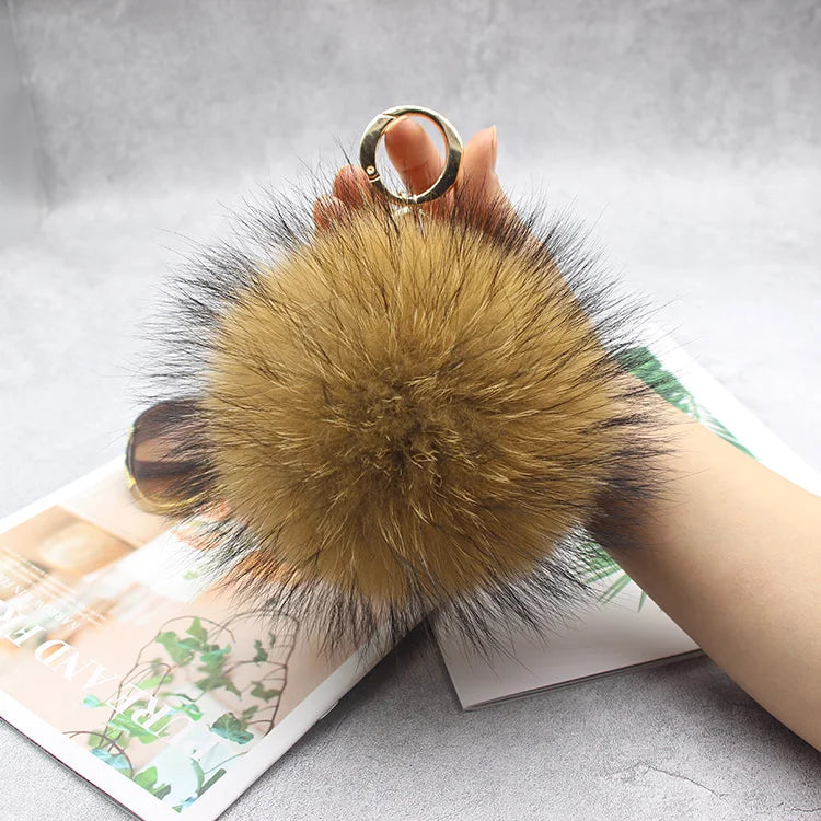 Luxury 15cm Fluffy Real Raccoon Fur Pom Pom Keychain – High-Quality Metal Ring Pendant for Women