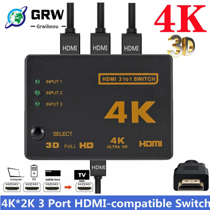 3x1 HDMI Switch 4K/1080P – 3 Input 1 Output Video Splitter Adapter Hub for Xbox, PS4, PC, Laptop & HDTV