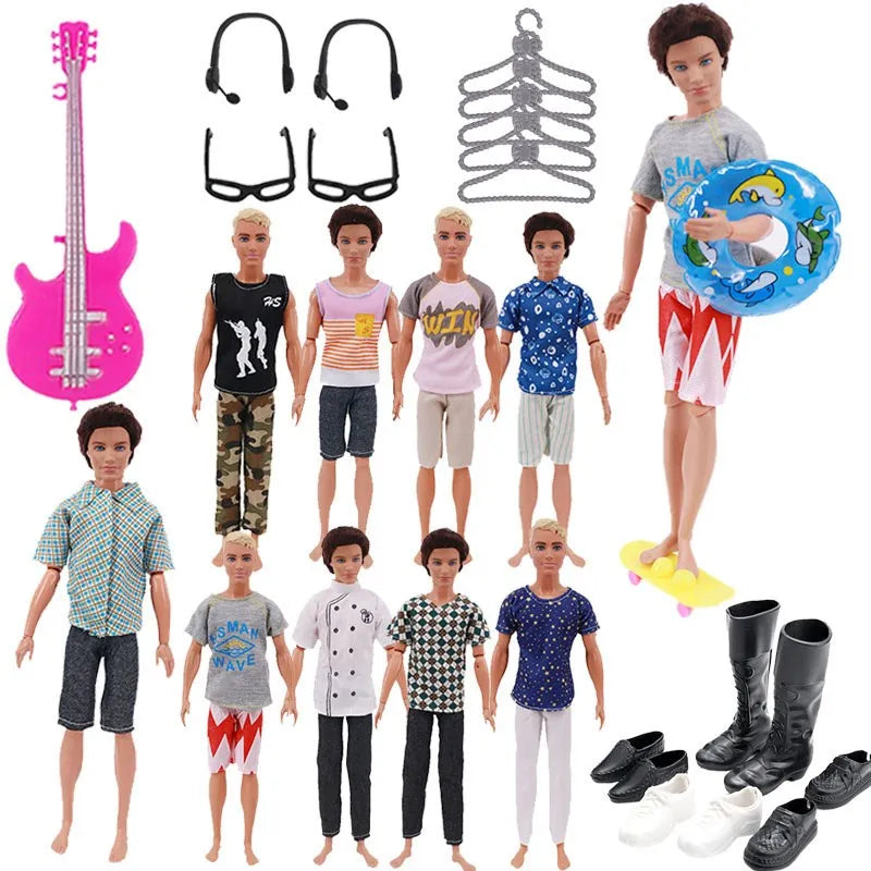 30-Piece Ken Doll Accessories Set — Clothes, Glasses, Shoes, Hangers, Guitar, Skateboard & Headsets for Barbie Dolls, DIY Toy for Girls