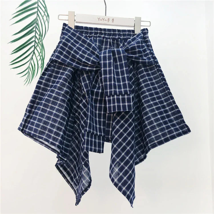 TOTRUST Women’s Fashion Asymmetrical Summer Plaid Mini Skirt – Casual College Style Fake Shirt Design