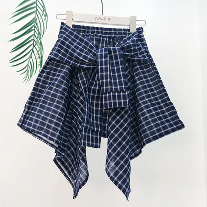TOTRUST Women’s Fashion Asymmetrical Summer Plaid Mini Skirt – Casual College Style Fake Shirt Design