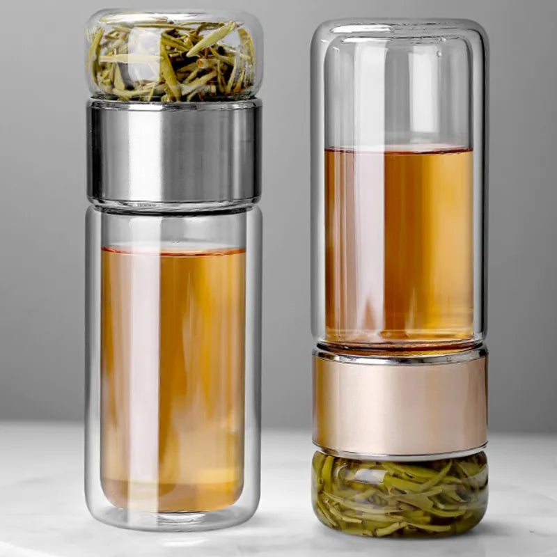 390ML High Borosilicate Glass Tea Water Bottle - Double Layer Tea Infuser Tumbler Cup Drinkware with Tea Filter