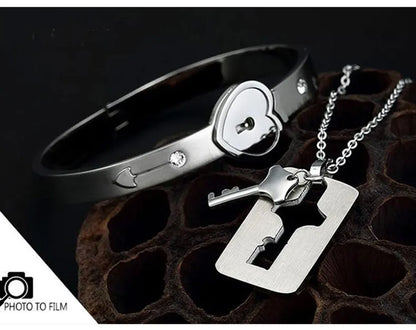 Couple Jewelry Set – Stainless Steel Love Heart Lock Bracelets & Key Pendant Necklace for Men & Women Gift