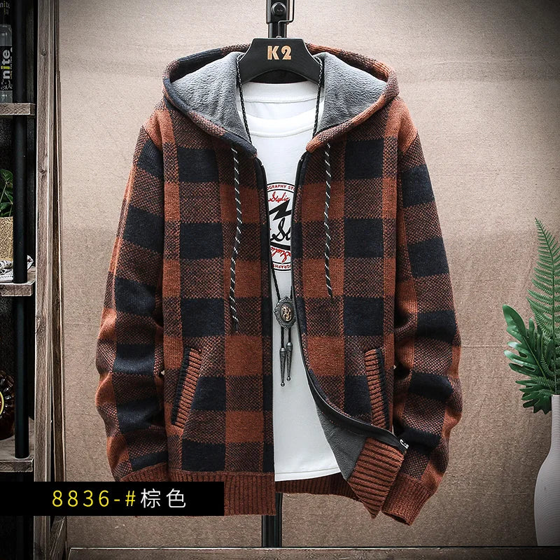 Men's Winter Plaid Hooded Cardigan – Warm Wool Fleece Zipper Jacket Knit Sweater Coat